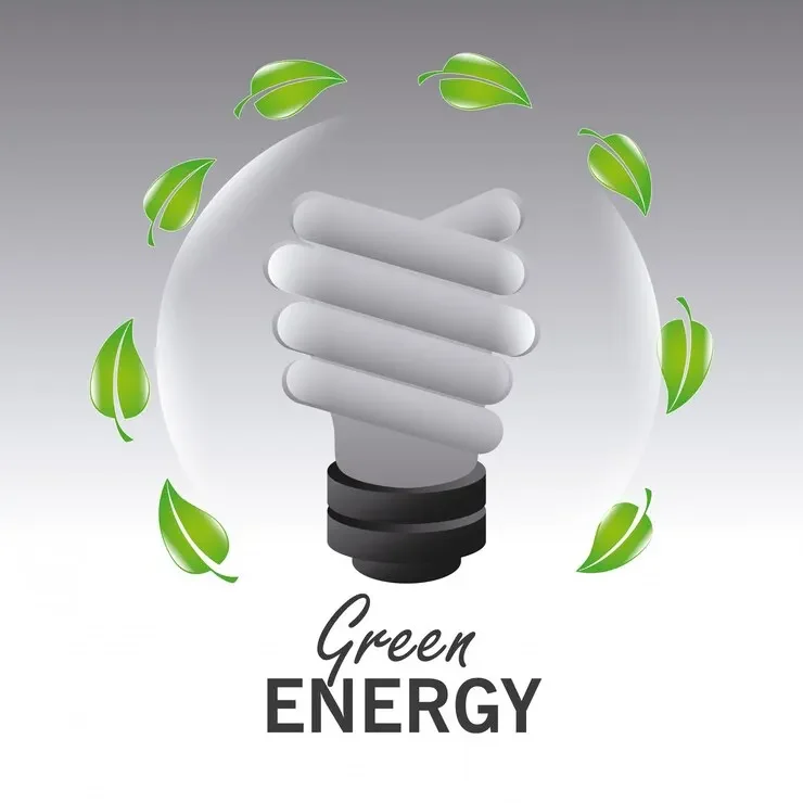 Light bulb shaped like a hand, surrounded by leaves, with "Green Energy" below.