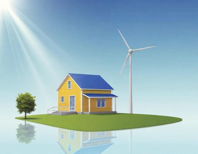 Yellow house with a blue roof next to a wind turbine on a grassy island.