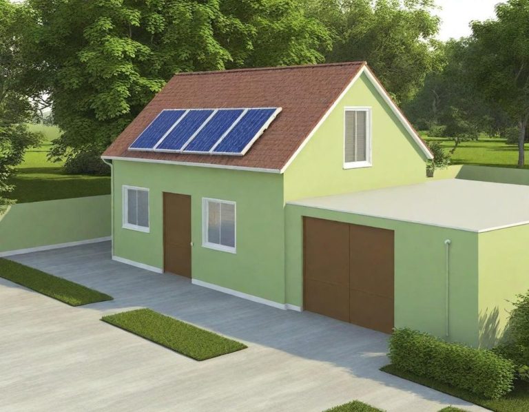 Green house with solar panels, garage, and surrounding trees in a sunny landscape.