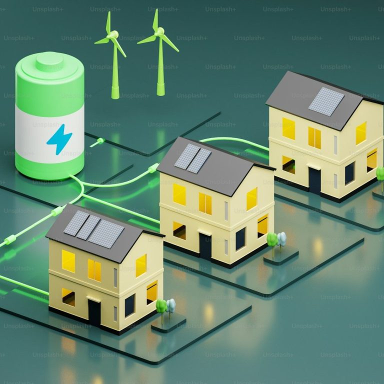 Houses with solar panels and wind turbines, connected to a battery for energy storage.