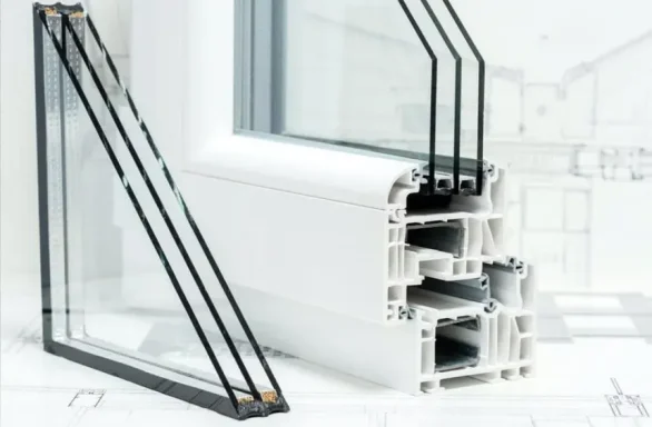 Cross-section of a modern window frame showing layers and design features.